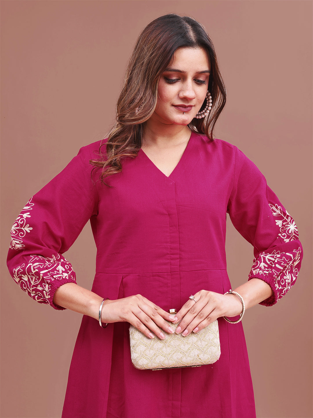 Fuschia Pure Cotton Box Pleats & Embroidered Bloon Sleeves With Trouser